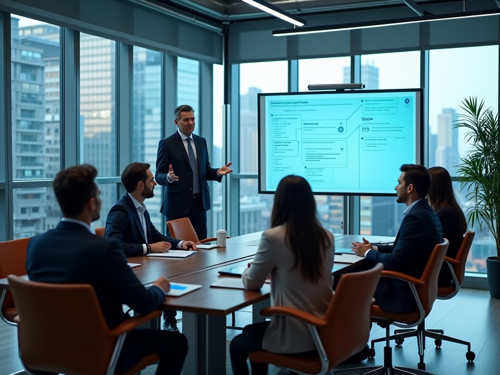 Business presentation in a modern office with a city view.