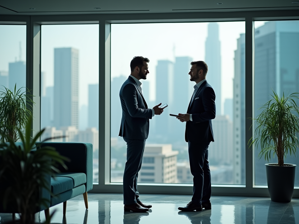 Two businessmen stand facing each other in an office with a city skyline view, engaged in conversation.