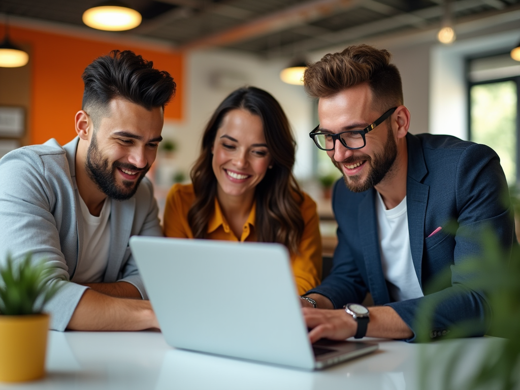 Three colleagues smiling and looking at laptop in a bright office setting.