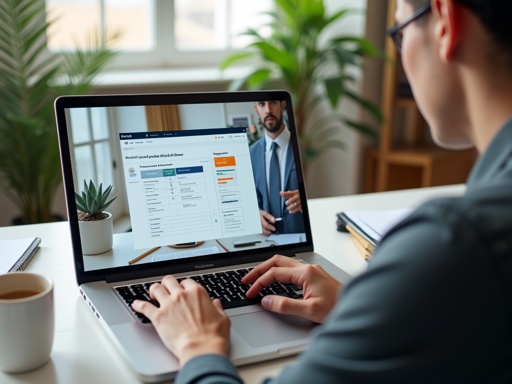 A person typing on a laptop during a video call, with a webpage visible and a plant in the background.