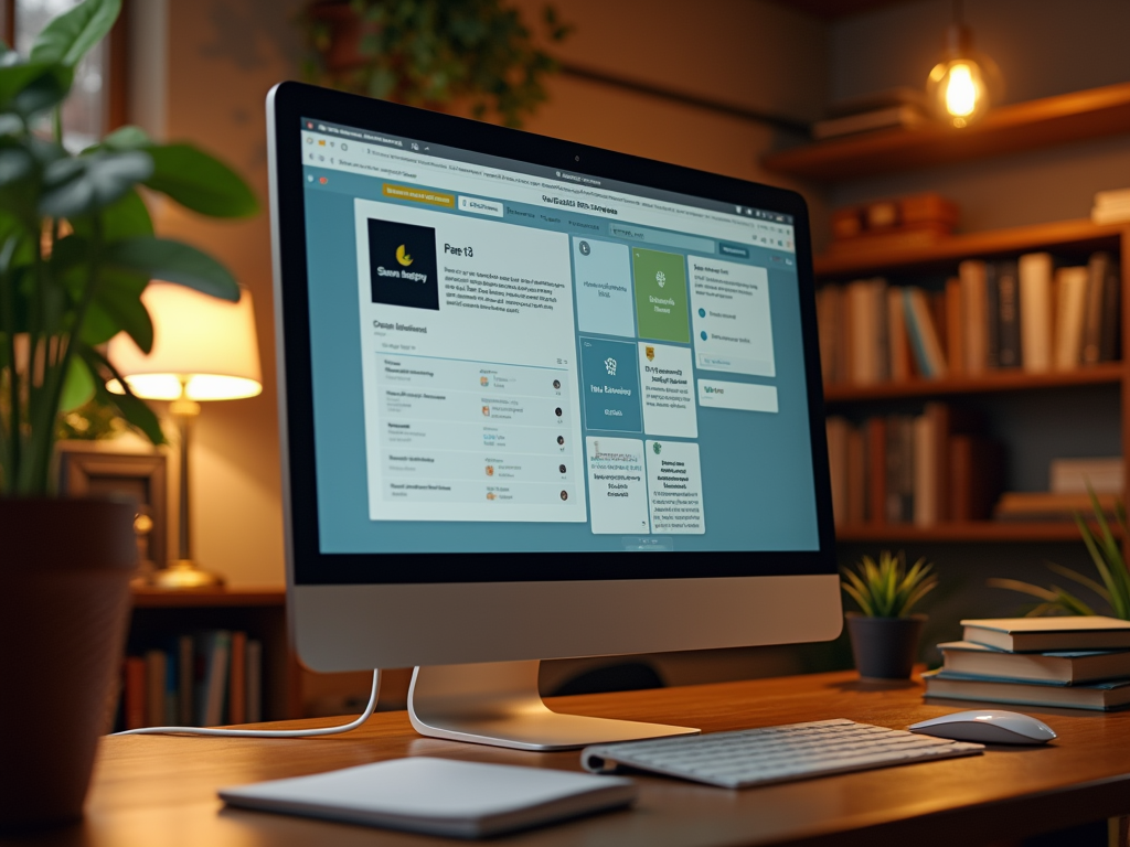 A computer on a desk displaying a project management interface, surrounded by plants and bookshelves.