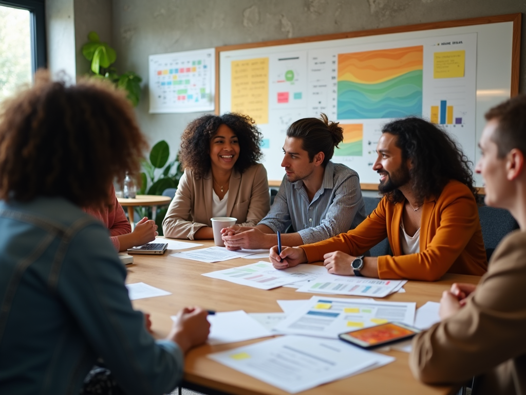 Group of diverse professionals engaged in a meeting around a table with charts and documents.