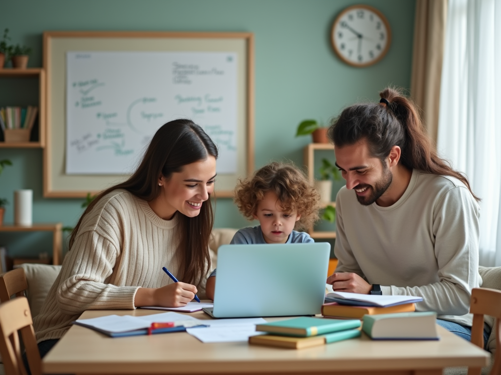 A family enjoys learning together at a table, engaged with a laptop and notes in a cozy room.